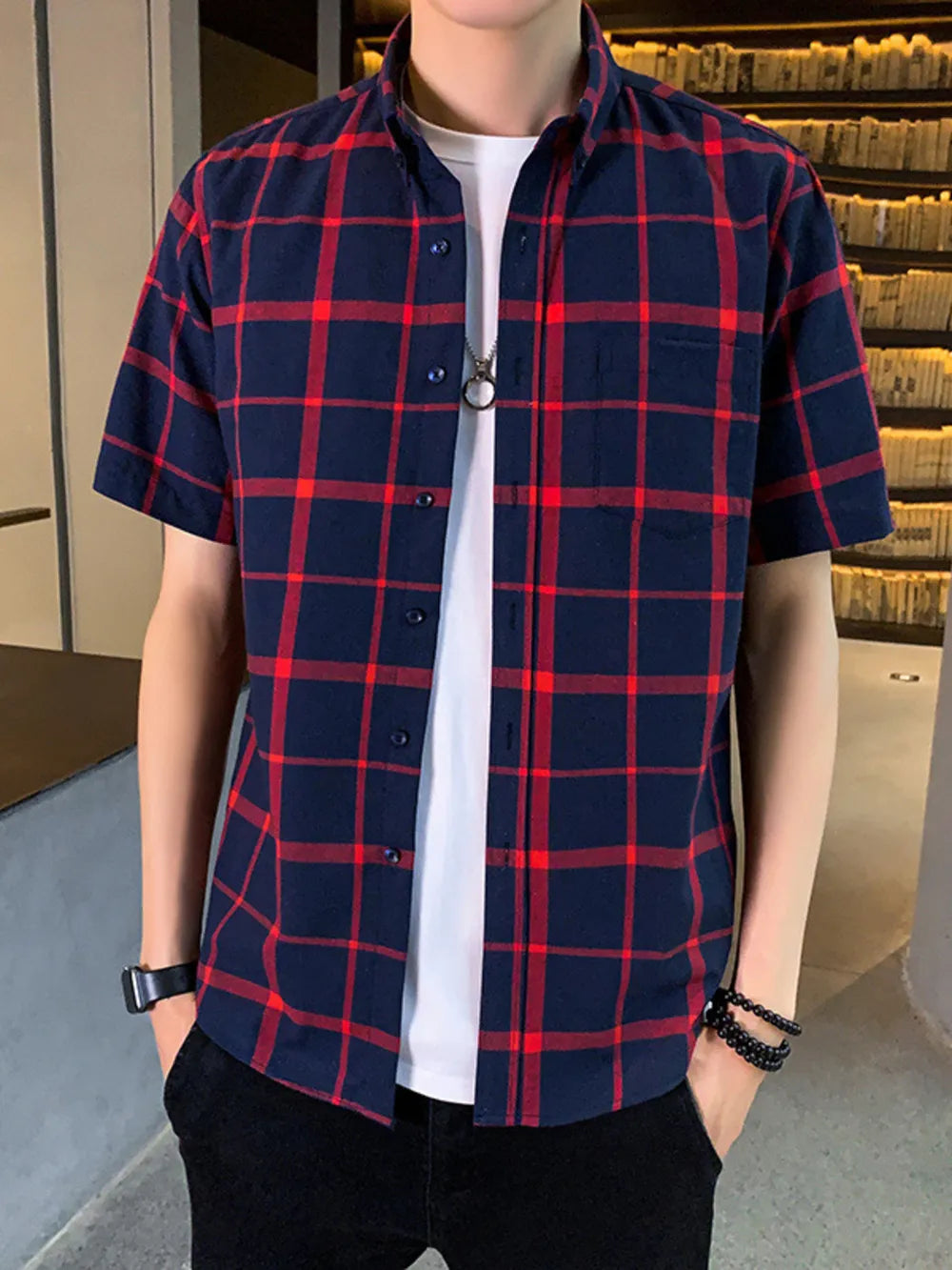 Men's navy and red plaid short sleeve button-down shirt with chest pocket