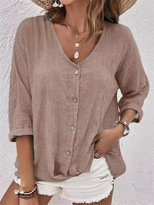 Full Size Casual V-neck Button-down Blouse in Blue, editorial view