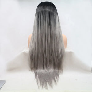 Black/Grey ombre lace front wig with sleek, straight long hair.