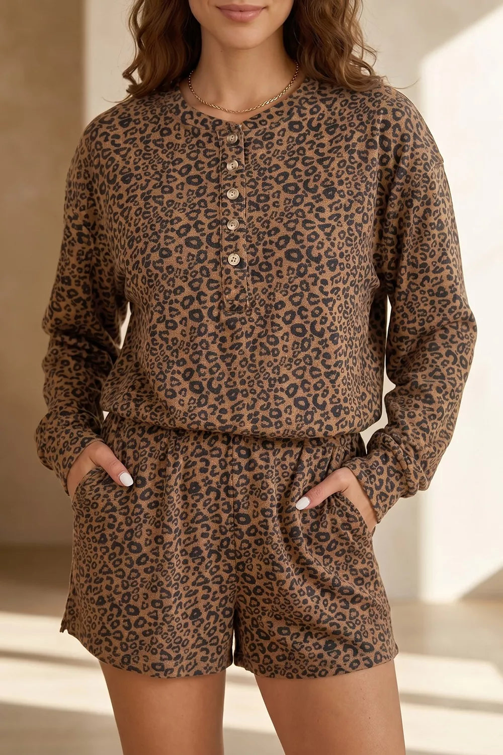 Leopard Print Long Sleeve Henley Top & Shorts Set in Coffee Brown, front view