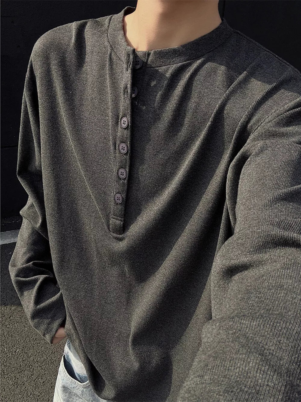 Men's Plus Size Button Detail Long Sleeve Henley in Light Gray, back view