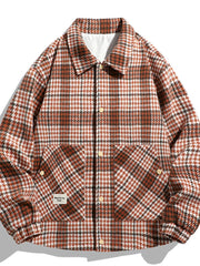Men's brown houndstooth button-up sport jacket with two chest pockets and gold buttons.