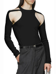 Black ribbed knit sweater with shoulder cutouts and long sleeves.