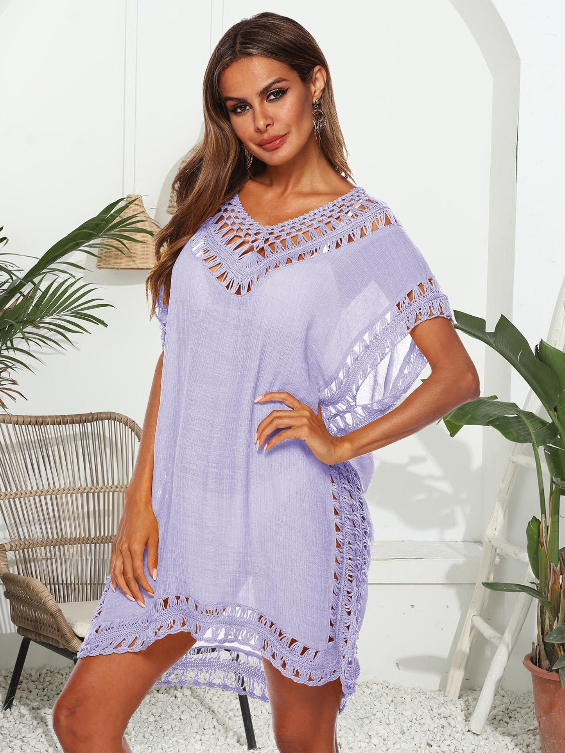 Lavender kaftan cover-up with crochet trim at neckline, sleeves, and hem.