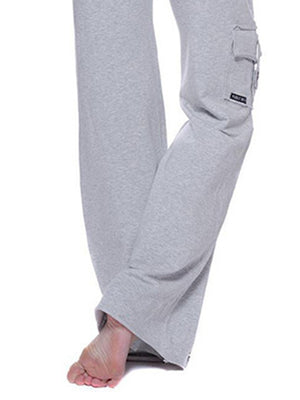 Heather gray wide-leg cargo pants with drawstring and flap pocket detail.