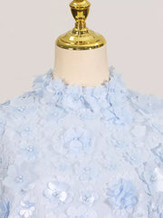 Blue ruffled floral applique mini dress with pearl accents