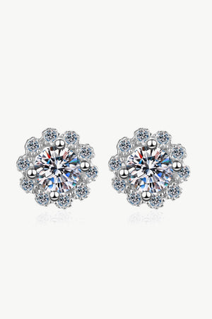 Floral halo stud earrings in 925 sterling silver with clear cubic zirconia stones.