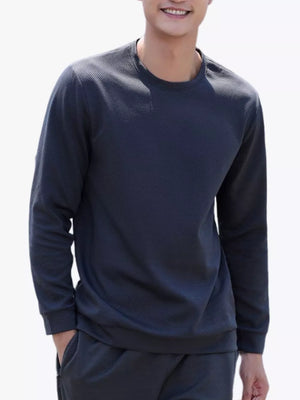 Men's dark gray crew neck long sleeve sweatshirt with subtle ribbed texture