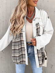 Panelled plaid denim hybrid jacket in white with brown plaid accents.