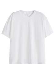 White cotton crew neck t-shirt with short sleeves and a relaxed fit.