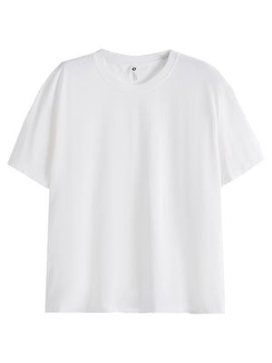 White cotton crew neck t-shirt with short sleeves and a relaxed fit.