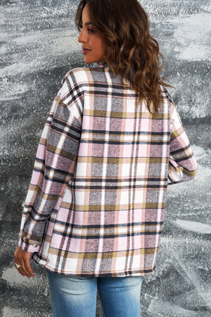 Soft plaid shacket in pink with buttoned cuffs and patch pockets, worn by a woman.