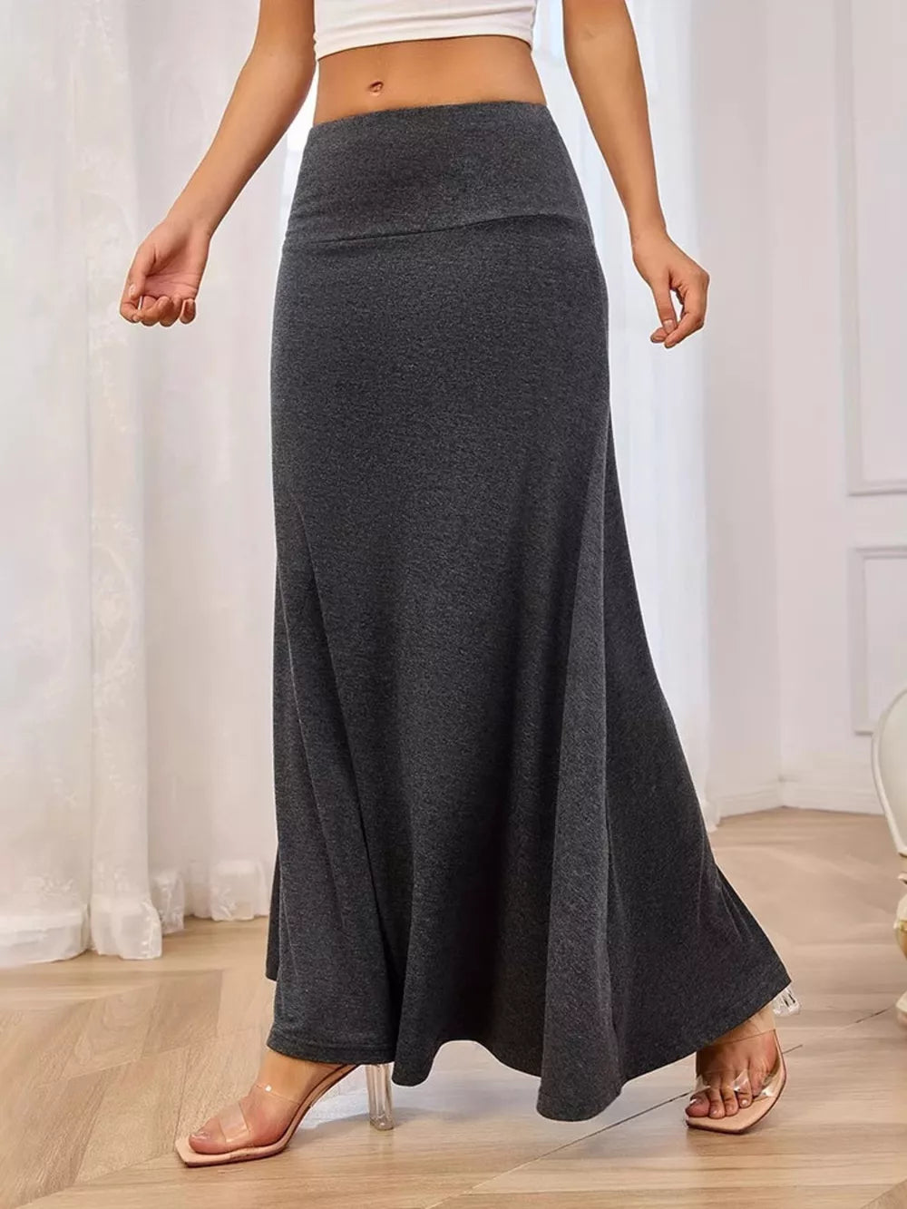 Flowy Maxi Skirt With Wide Waistband, side view