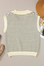 Ivory striped knit polo vest with a collar and ribbed trim.