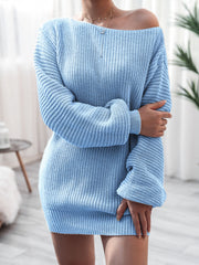 Pastel Blue off-shoulder ribbed knit mini dress with long sleeves.
