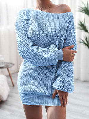 Pastel Blue off-shoulder ribbed knit mini dress with long sleeves.