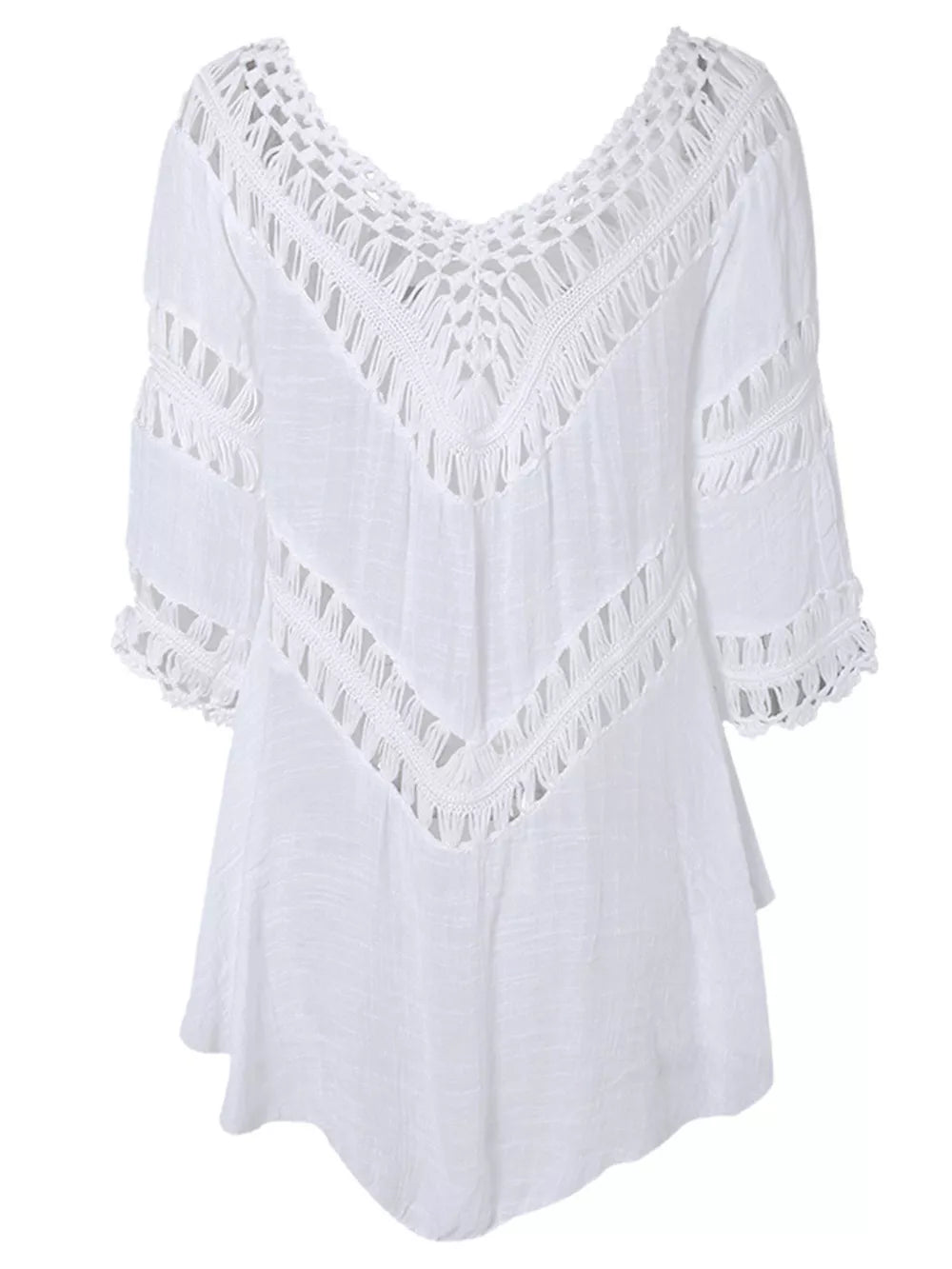 White crochet-trimmed flowy cover-up with V-neck and cutout details.