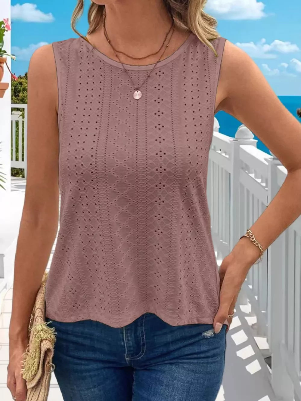Bean Paste Powder openwork knit tank top with crew neck and scalloped hem.