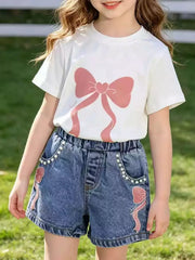 Charming bowknot tee and denim shorts set in beige, white, or blush pink with bead embellishments.