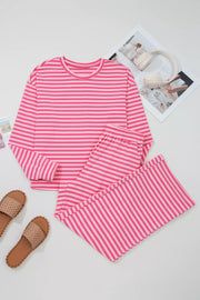 Chic pink striped cotton two-piece set with crew neck top and pants.