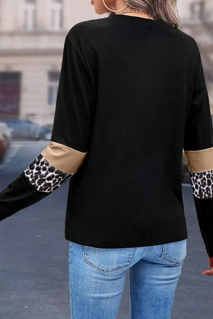 Black long sleeve tee with tan and leopard print sleeve panels.