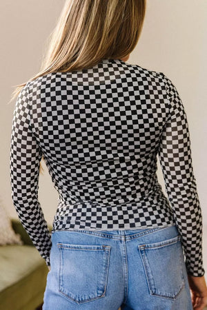 Plaid Stand Neck Long Sleeve Mesh Top, side view