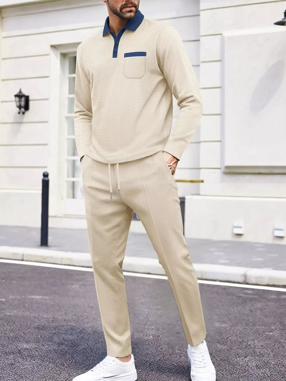 Men's Khaki two-piece lounge set with long sleeve polo shirt and drawstring pants.