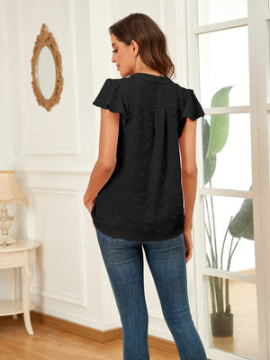 Black flutter sleeve swiss dot blouse with V-neck and ruffled details.