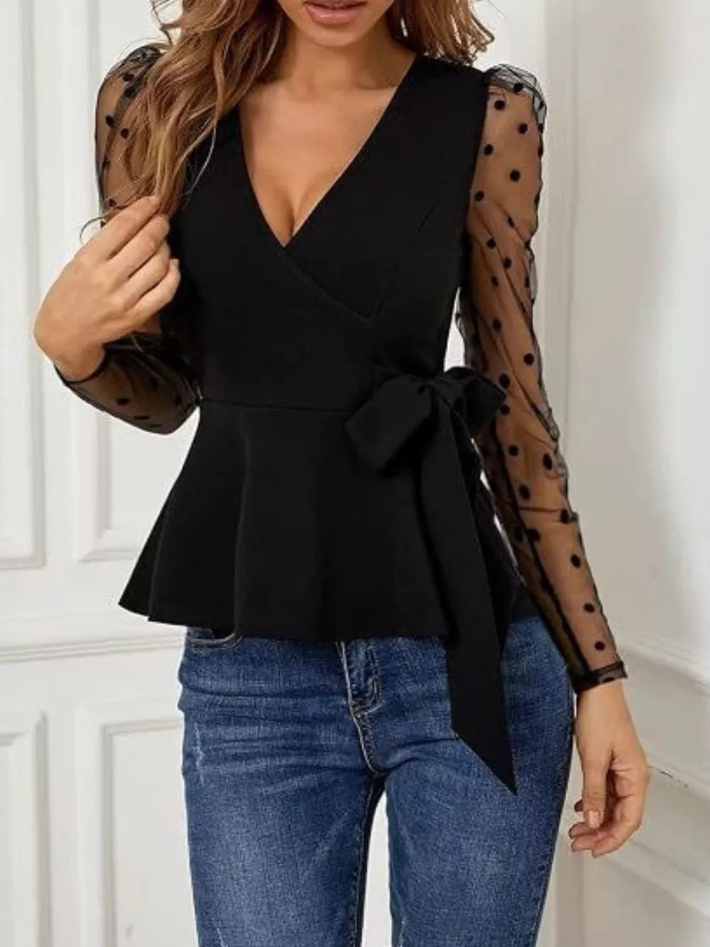 Polka Dot Mesh Sleeve Wrap Top in Black, side view