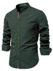 Dark Green Mandarin Collar Linen Shirt with button detail and red stripe accent