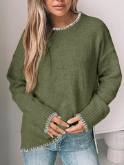 Moss green crew neck sweater with contrast white stitching detail on neckline, cuffs, and hem.