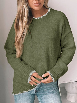Moss green crew neck sweater with contrast white stitching detail on neckline, cuffs, and hem.