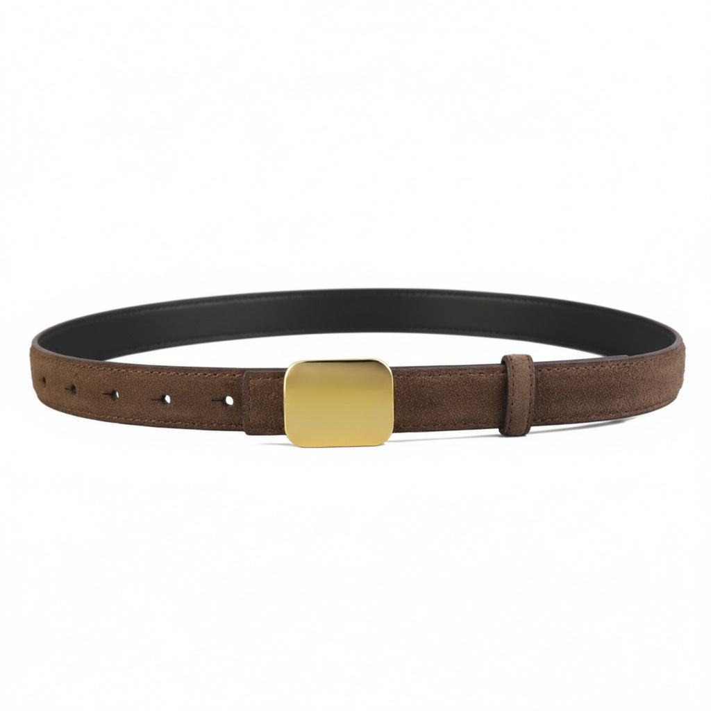 Brown cowhide leather belt with square gold buckle