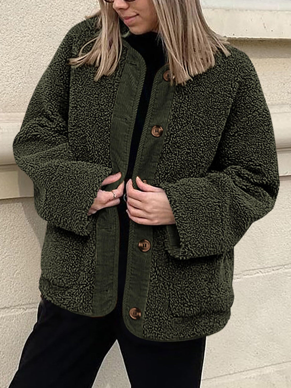 Teddy-texture button-up jacket in Black Forest with corduroy trim and button closure.