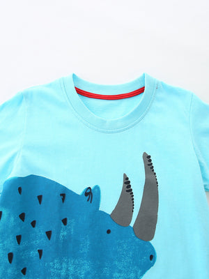 Blue cotton baby t-shirt with rhino graphic and red neck trim