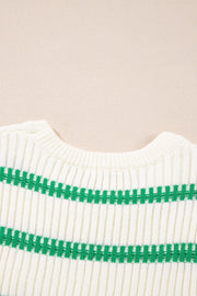 Ribbed knit vest in cream with green stitch stripes and a crew neck.