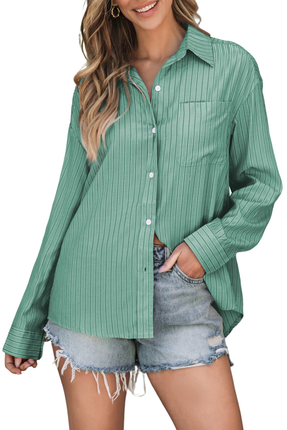 Oversized Sage Stripe Oxford Shirt with button front and chest pocket.