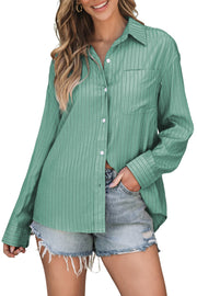Oversized Sage Stripe Oxford Shirt with button front and chest pocket.