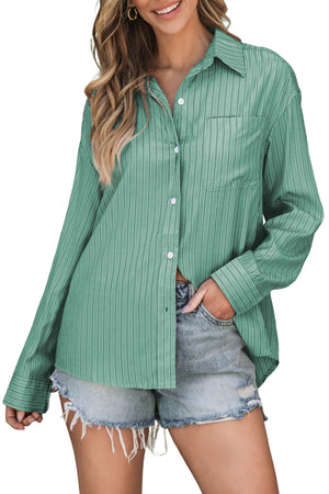 Oversized Sage Stripe Oxford Shirt with button front and chest pocket.