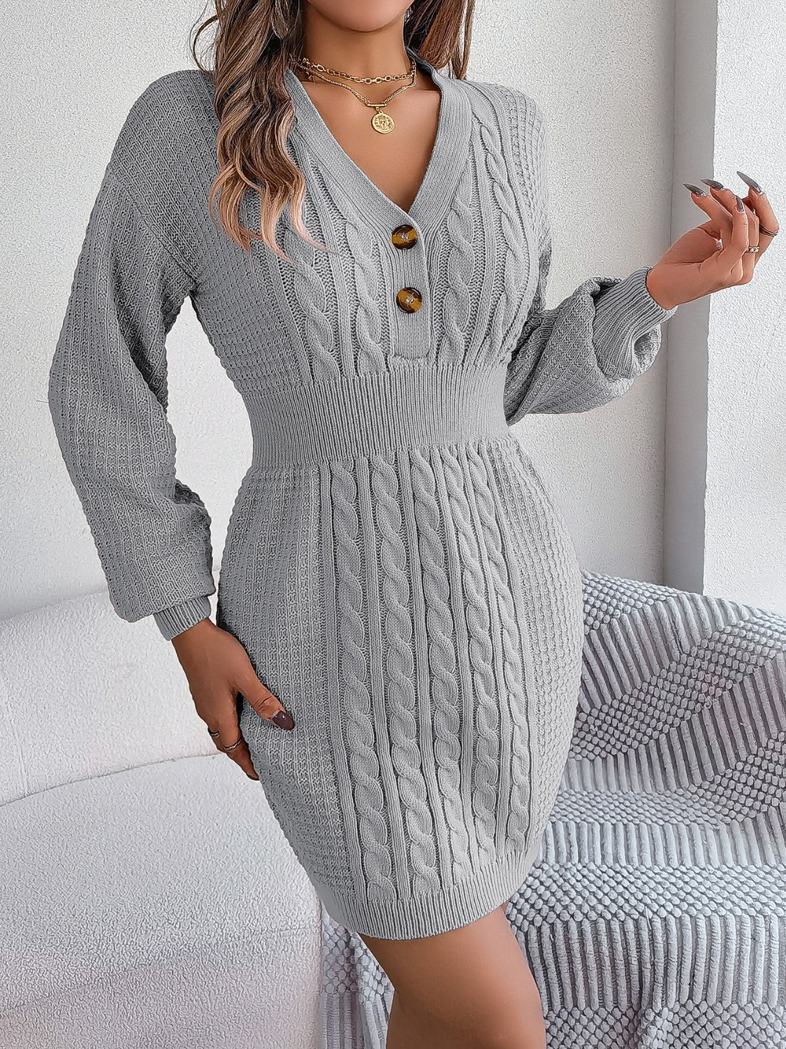 Charcoal cable knit button-front dress with V-neck and long sleeves