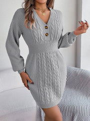 Charcoal cable knit button-front dress with V-neck and long sleeves