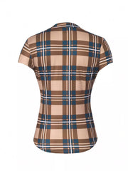 Brown plaid short sleeve shirt with a curved hem.