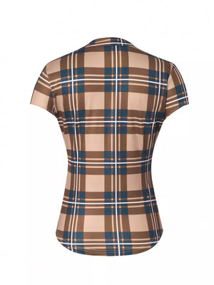 Brown plaid short sleeve shirt with a curved hem.
