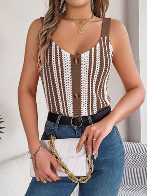 Crochet stripe button-front tank top in mocha and white with a V-neck and button details.