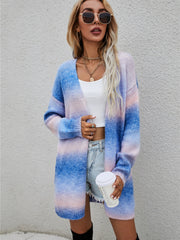Rainbow gradient longline knit cardigan with open front, long sleeves, and a relaxed fit.