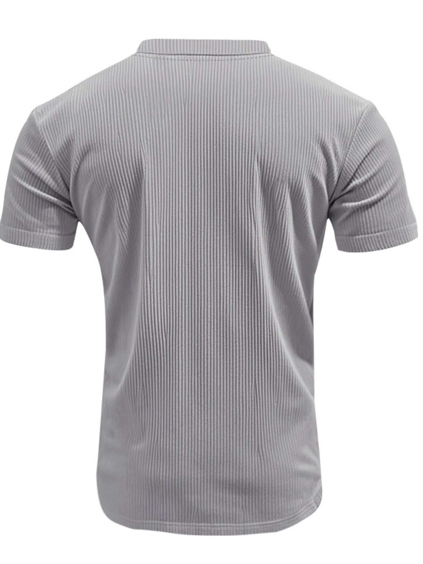 Gray ribbed V-neck t-shirt with short sleeves, a comfortable basic style.