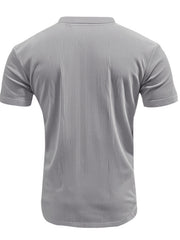 Gray ribbed V-neck t-shirt with short sleeves, a comfortable basic style.
