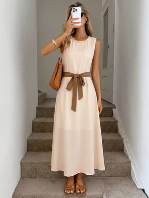 Cream A-line midi dress with pearl neckline and brown sash belt