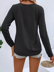 Full Size V-neck Decor Button Long Sleeve T-shirt Plus Size in Red, fabric detail