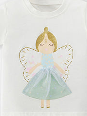 White cotton toddler tee with fairy graphic, gold glitter hair, blue floral dress, and sheer mint skirt.
